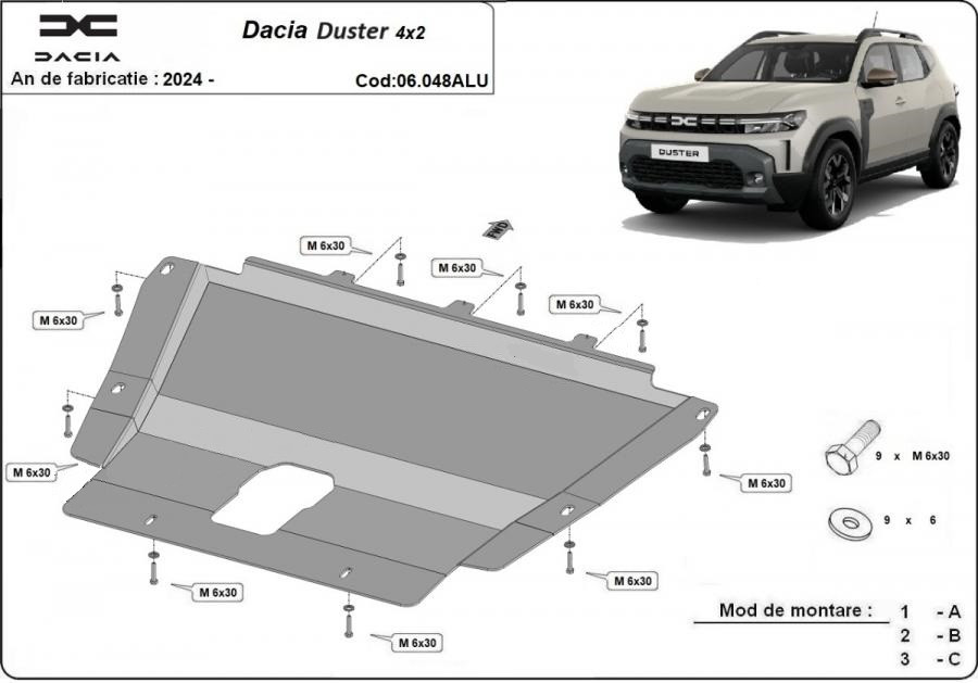 Scut motor aluminiu Dacia Duster 2x4 / 4x4 2024-prezent