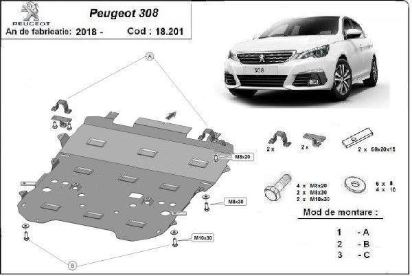 Scut motor metalic Peugeot 308 2018-2021