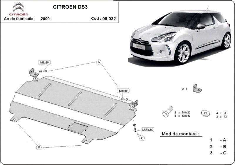 Scut motor metalic Citroen DS3 2009-prezent