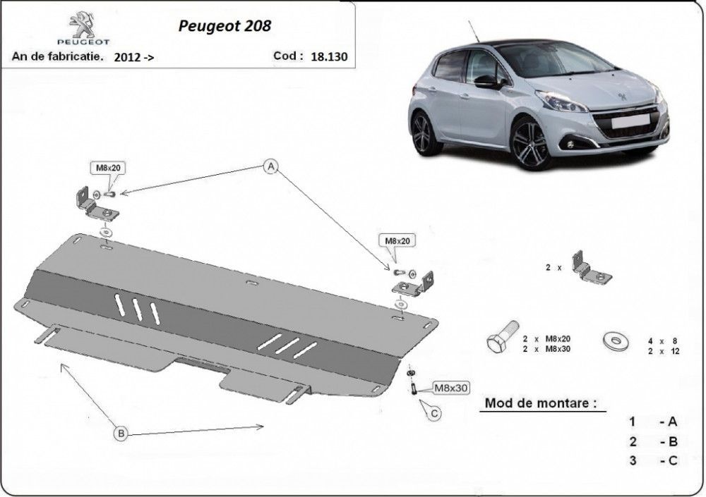 Scut motor metalic Peugeot 208 2012-2019